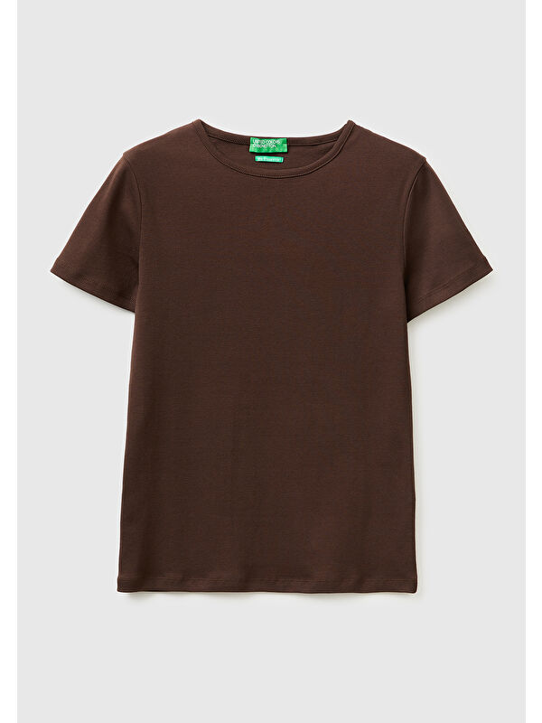 United Colors Of Benetton Kadın Kahverengi %100 Pamuk Bisiklet Yaka T-Shirt