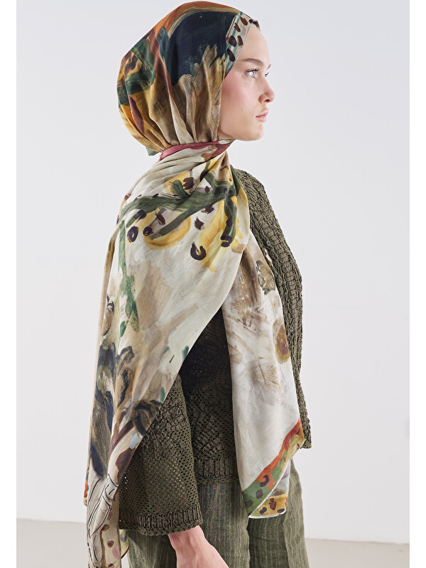 Fresh Scarfs Playful Palette Desen Rami Viskon Şal Toprak