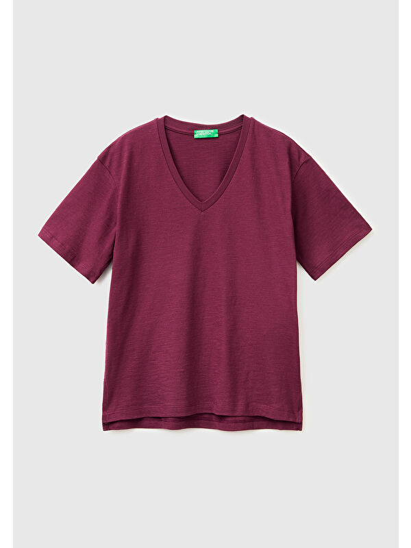 United Colors Of Benetton Kadın Bordo %100 Pamuk Klasik V Yaka T-Shirt