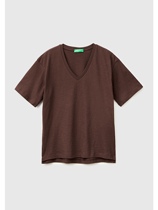 United Colors Of Benetton Kadın Kahverengi %100 Pamuk Klasik V Yaka T-Shirt