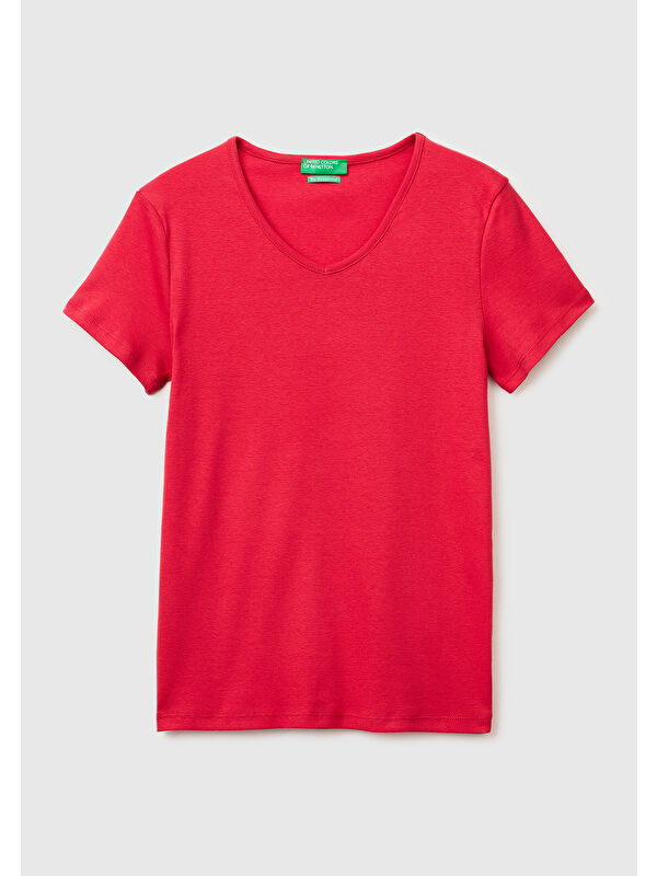 United Colors Of Benetton Kadın Kırmızı %100 Pamuk Geniş V Yaka T-Shirt