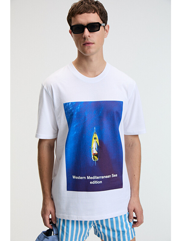 GRIMELANGE ZEST Erkek %100 Pamuk Oversize Fit Baskılı Kısa Kollu Yuvarlak Yakalı BEYAZ T-Shirt