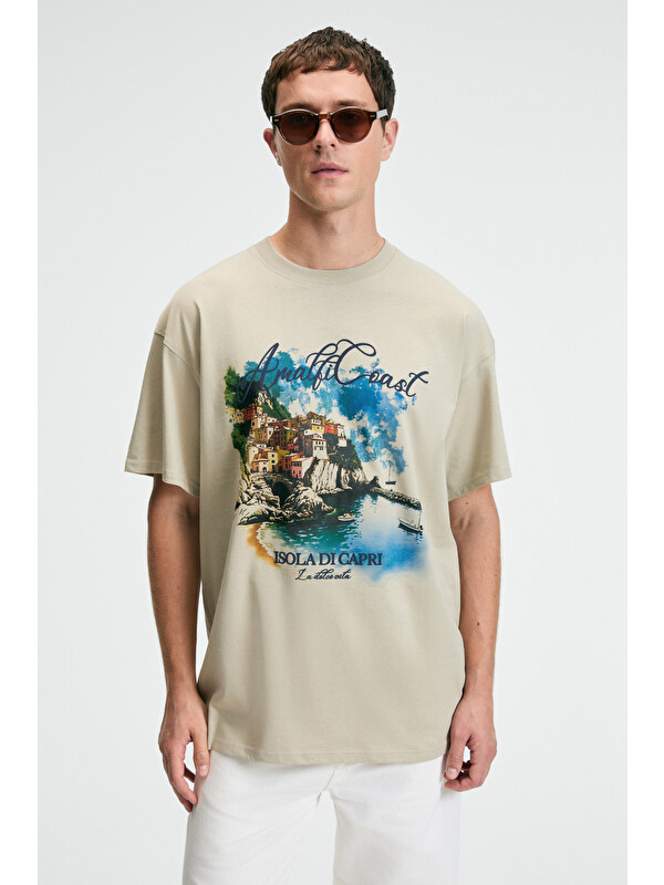 GRIMELANGE ZEST Erkek %100 Pamuk Oversize Fit Baskılı Kısa Kollu Yuvarlak Yakalı TAŞ T-Shirt