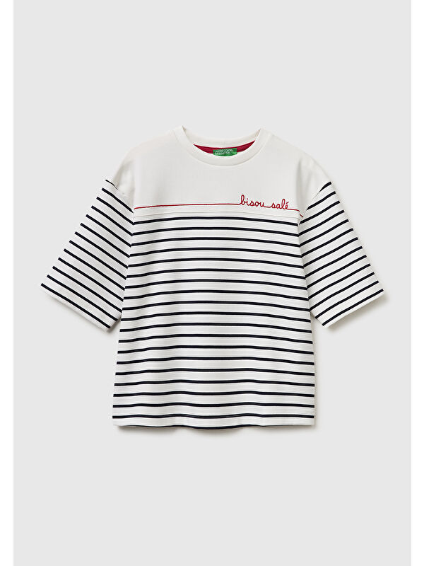United Colors Of Benetton Kadın Lacivert Pamuk Karışımlı Nakış Detaylı Çizgili Bisiklet Yaka T-Shirt