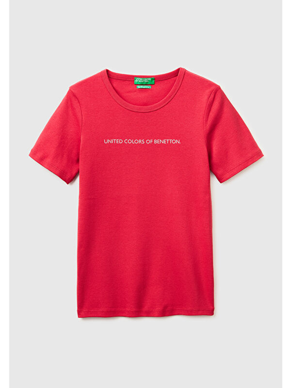 United Colors Of Benetton Kadın Kırmızı %100 Pamuk Logo Baskılı Bisiklet Yaka T-Shirt