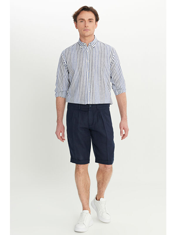 Altınyıldız Classics Erkek Lacivert %100 Keten Slim Fit Dar Kesim Beli Lastikli Yan Cepli Şort