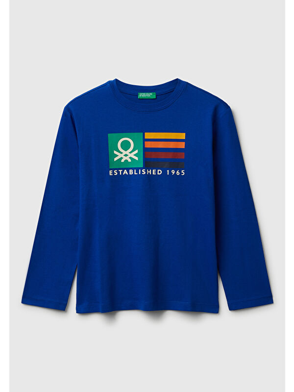 United Colors Of Benetton Erkek Çocuk Saks Mavisi Önü Çok Renkli Logo Baskılı Bisiklet Yaka Uzun Kollu T-Shirt