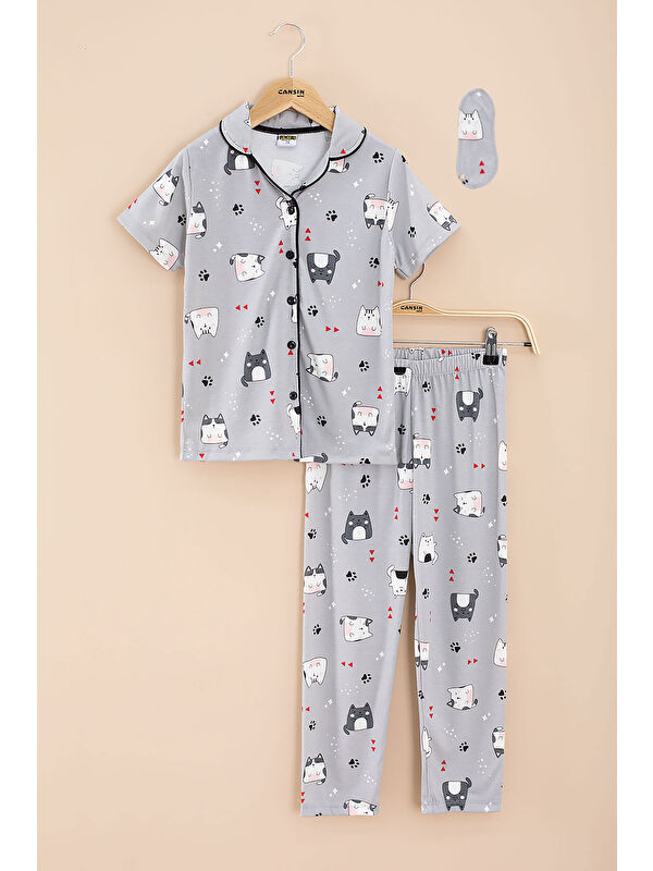 Pijakids Gri Kedi Baskılı Kısa Kollu Böz Bantlı Kız Çocuk Pijama Takımı 20566