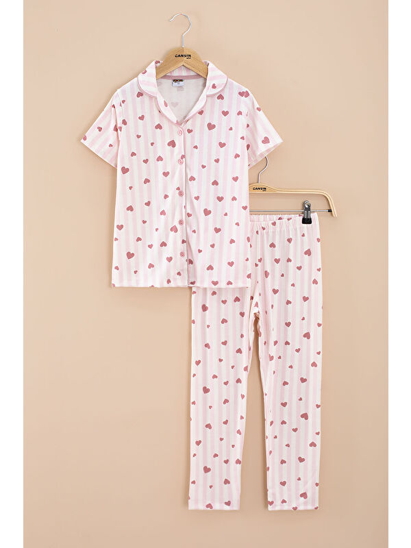Pijakids Pembe Çizgili Kalp Desenli Göz Bantlı Kız Çocuk Kısa Kol Pijama Takımı 20567