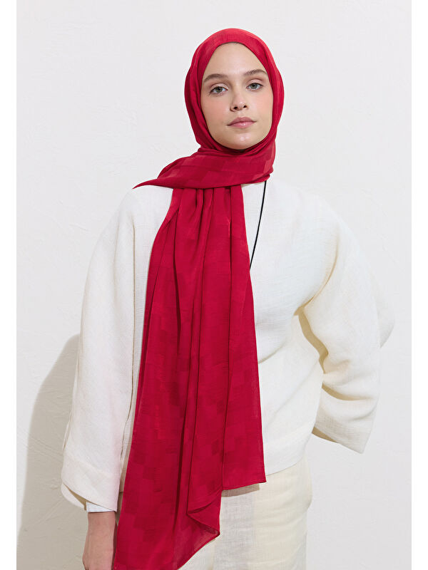 Fresh Scarfs Nori İpek Jakar Şal Kırmızı