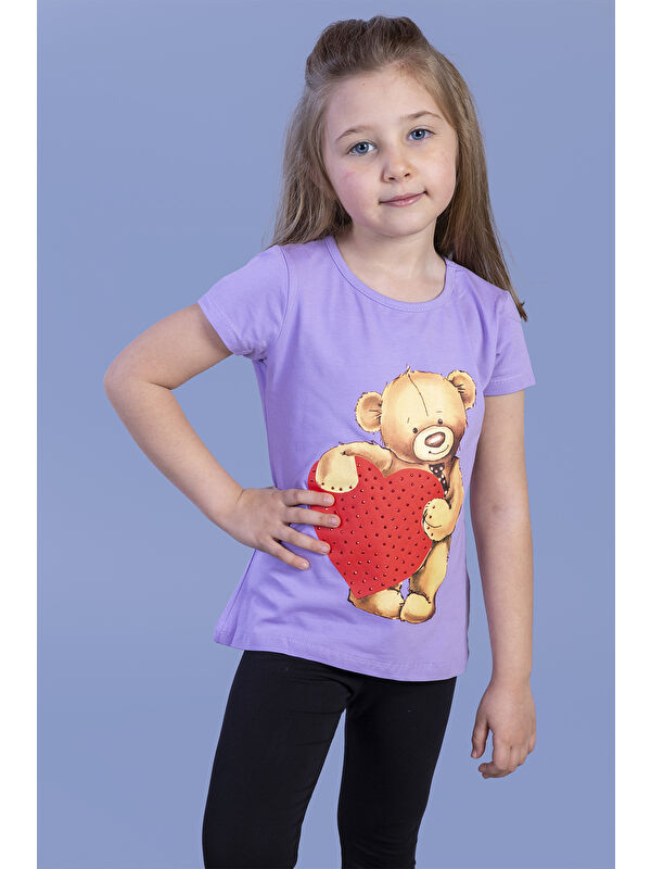 Toontoykids Kız Çocuk Kalpli Ayıcık Baskılı Taş İşlemeli Tişört