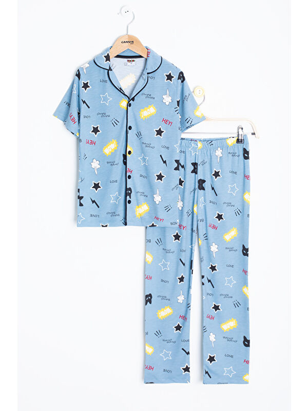 Pijakids Mavi Karikatür Desenli Kısa Kollu Erkek Çocuk Pijama Takımı 20570