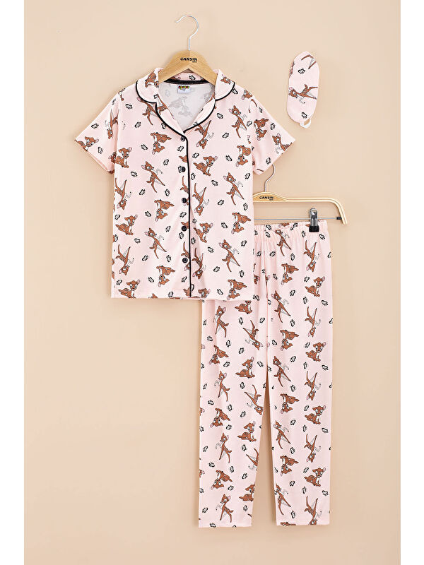 Pijakids Pembe Geyik Desenli Kısa Kol Kız Çocuk Göz Bantlı Pijama Takımı 20568