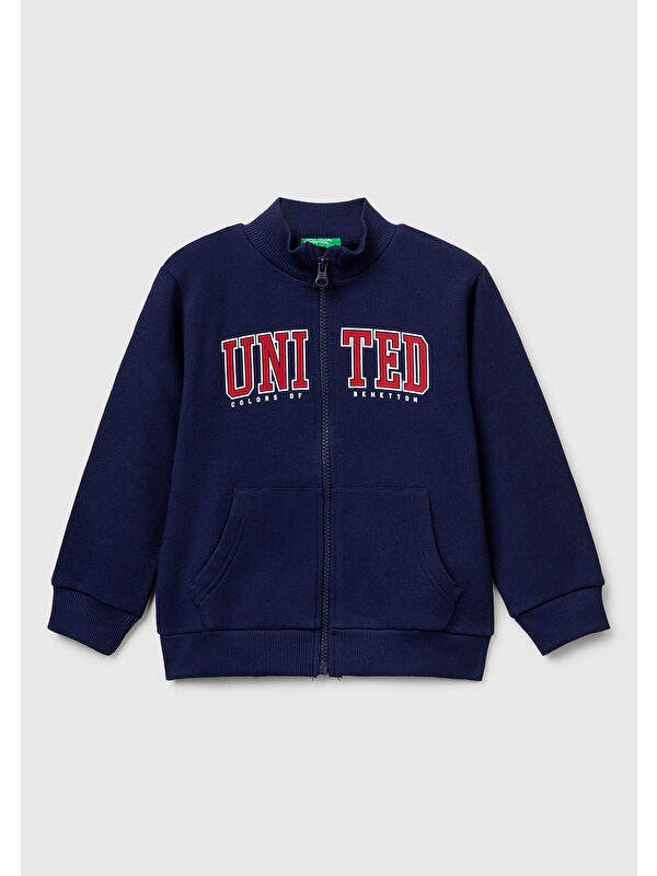 United Colors Of Benetton Erkek Çocuk Lacivert Logo Baskılı Cepli Fermuarlı Dik Yaka Sweatshirt