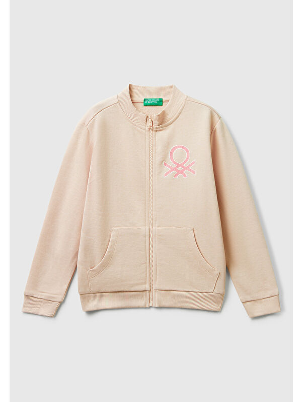 United Colors Of Benetton Kız Çocuk Toz Pembe Simli Logo Baskılı Fermuarlı Ribanalı Regular Fit Sweatshirt