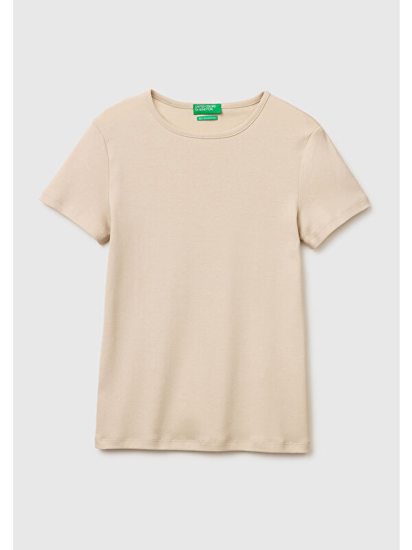 United Colors Of Benetton Kadın Taş %100 Pamuk Bisiklet Yaka T-Shirt