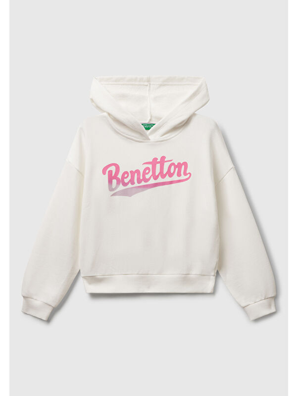 United Colors Of Benetton Kız Çocuk Ekru Önü Logo Baskılı Ribanalı Kapüşonlu Sweatshirt