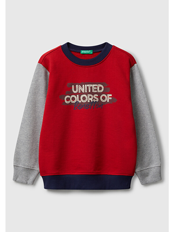 United Colors Of Benetton Erkek Çocuk Kırmızı-Gri Önü Logo Baskılı Bisiklet Yaka Sweatshirt