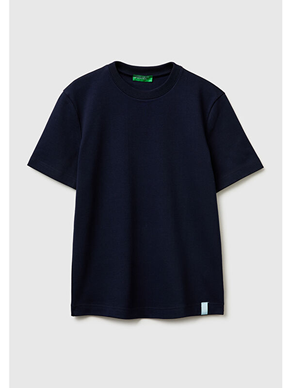 United Colors Of Benetton Kadın Lacivert %100 Pamuk Etek Ucu Logo Detaylı Bisiklet Yaka T-Shirt