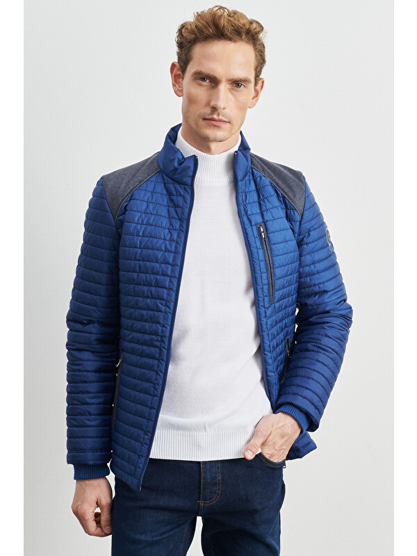 AC&Co / Altınyıldız Classics Erkek İndigo Standart Fit Normal Kesim Soğuk Hava Geçirmez Desenli Şişme Mont