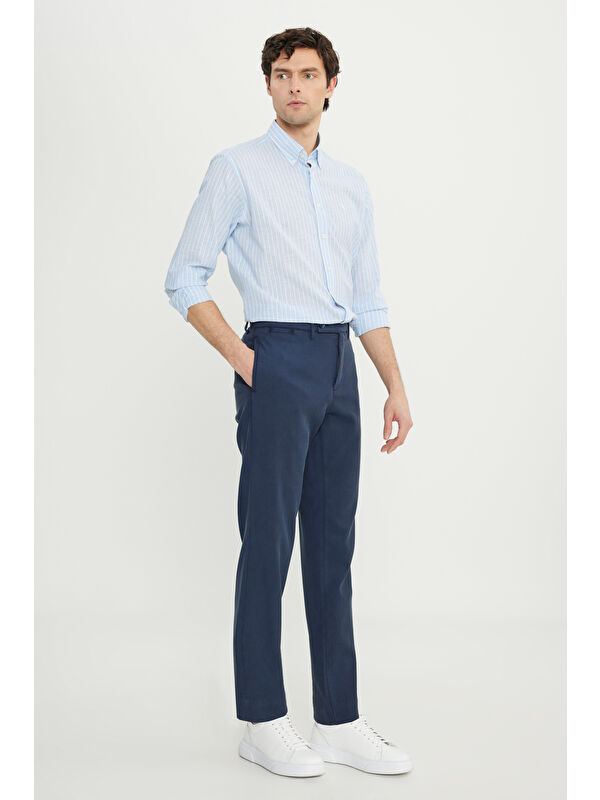 Altınyıldız Classics Erkek Lacivert Pamuklu Comfort Fit Yan Cepli Armürlü Casual Esnek Pantolon