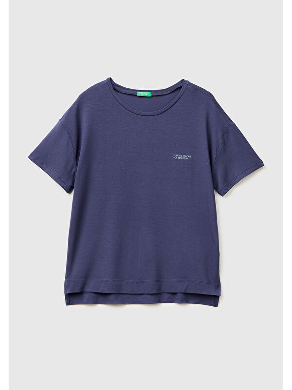United Colors Of Benetton Kadın Koyu Mavi Modal Karışımlı Logolu Kısa Kollu Yuvarlak Yaka T-Shirt