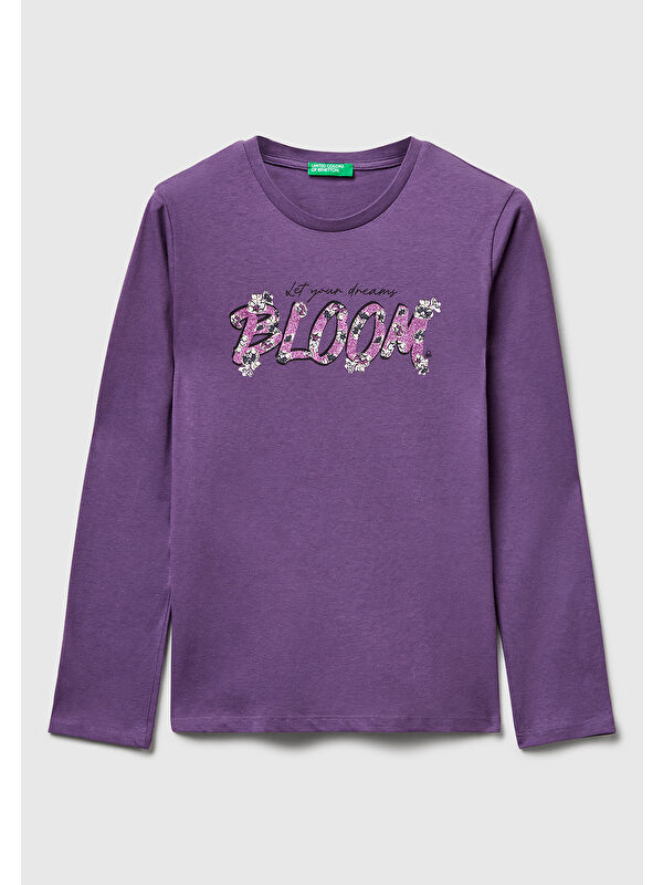 United Colors Of Benetton Kız Çocuk Mor Önü Simli Baskılı Ribana Yakalı Uzun Kollu T-shirt