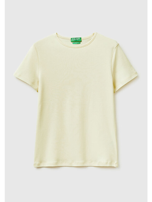 United Colors Of Benetton Kadın Açık Sarı %100 Pamuk Bisiklet Yaka T-Shirt