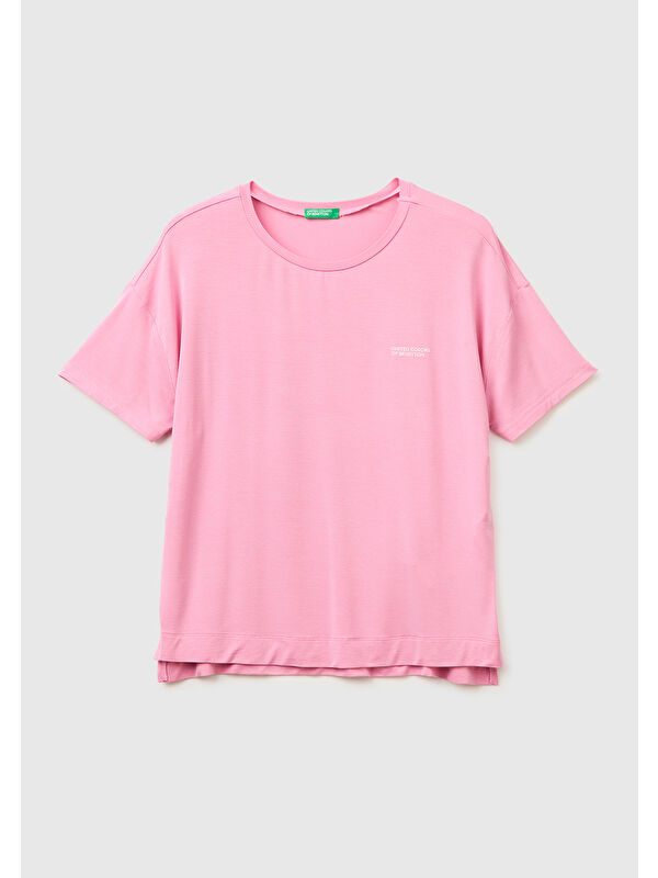United Colors Of Benetton Kadın Pembe Modal Karışımlı Logolu Kısa Kollu Yuvarlak Yaka T-Shirt