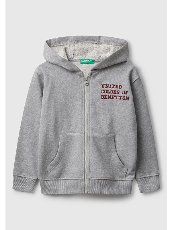 United Colors Of Benetton Erkek Çocuk Gri Melanj Önü Logo Baskılı Fermuarlı Kapüşonlu Sweatshirt