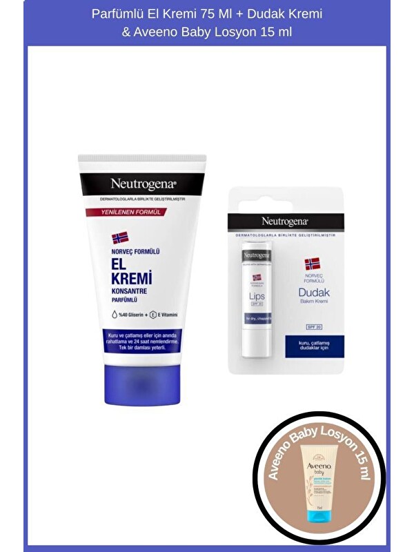 Neutrogena Parfümlü El Kremi 75 Ml + Dudak Kremi & Aveeno Baby Losyon 15 ml