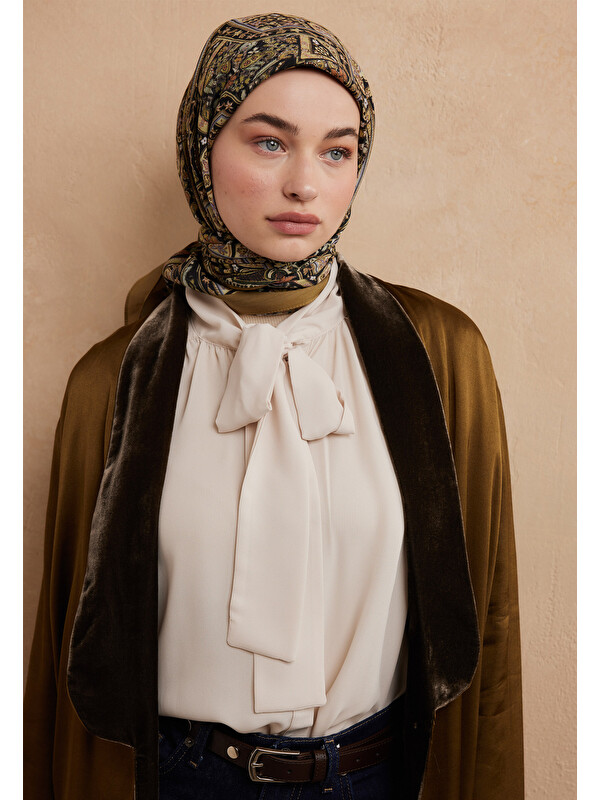 Fresh Scarfs Nordic Paisley Desen Pamuk İpek Eşarp Yağ Yeşili