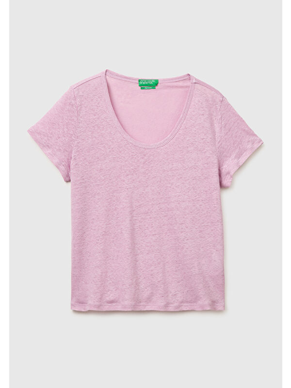 United Colors Of Benetton Kadın Açık Pembe %100 Keten Geniş Yaka Kısa Kollu T-Shirt