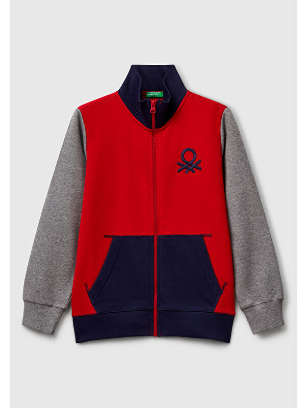 United Colors Of Benetton Erkek Çocuk Kırmızı-Gri Logolu Sweatshirt