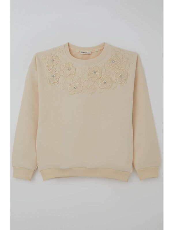 Breeze Kız Çocuk Sweatshirt İncili Çiçek Nakışlı Krem (9-14 Yaş)