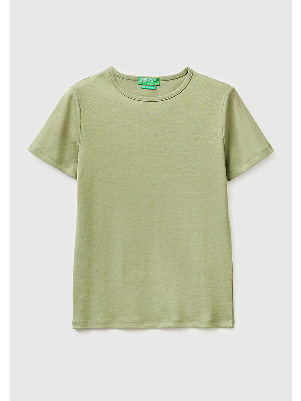 United Colors Of Benetton Kadın Haki %100 Pamuk Bisiklet Yaka T-Shirt