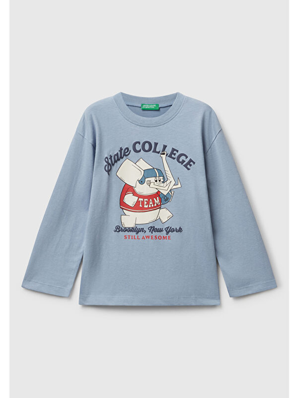 United Colors Of Benetton Erkek Çocuk Mavi Baskılı Bisiklet Yaka Uzun Kollu T-shirt