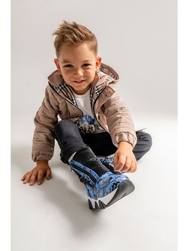 Erkek Çocuk Saks Mavi Hakiki Deri Suya Dayanıklı Kürklü Günlük Bot - Görsel 3