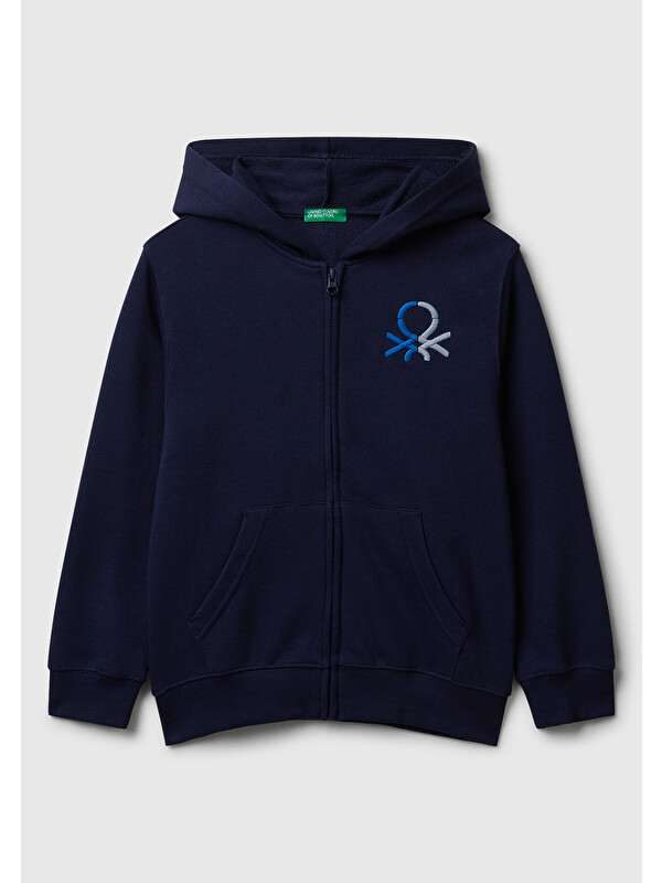 United Colors Of Benetton Erkek Çocuk Lacivert Önü Logo Detaylı Fermuarlı Kapüşonlu Sweatshirt