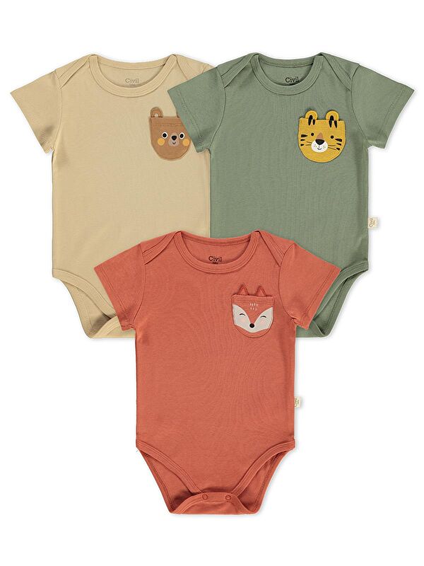 Civil Baby Cep Tilki Hayvan Baskılı 3 Lü 0-36 Ay Çıtçıtlı Badi - Turuncu 1-3 Ay