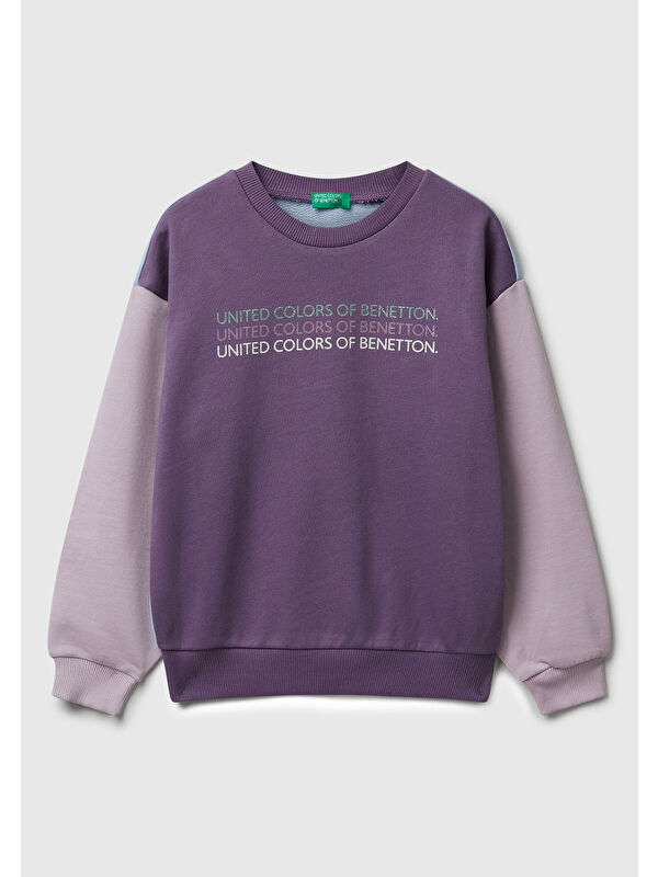 United Colors Of Benetton Kız Çocuk Mor-Mavi Parıltılı Logo Baskılı Ribanalı Bisiklet Yaka Sweatshirt