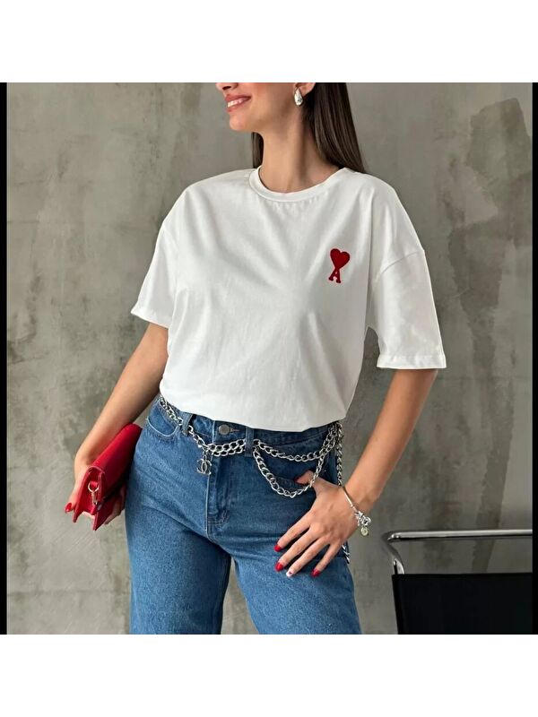 Jane's Unisex Bisiklet Yaka Baskılı Oversize T-Shirt - Beyaz