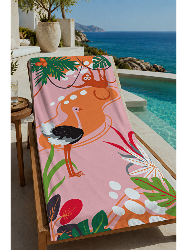 Milbay Grup Pembe Tropikal Büyük Kuş ve Yaprak Desenli 70x150 cm Dijital Baskılı Plaj ve Banyo Havlusu