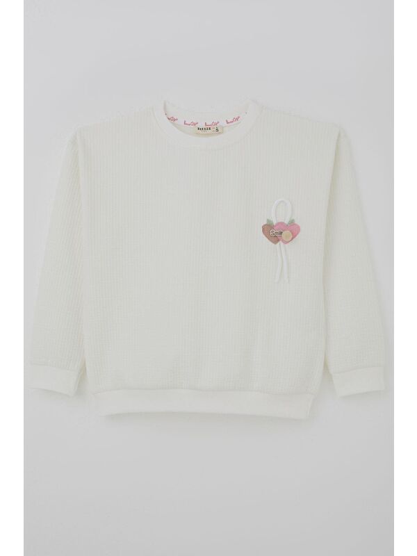 Breeze Kız Çocuk Sweatshirt Waffle Dokulu Kalpli Ponponlu Arma Detaylı Ekru (5-9 Yaş)