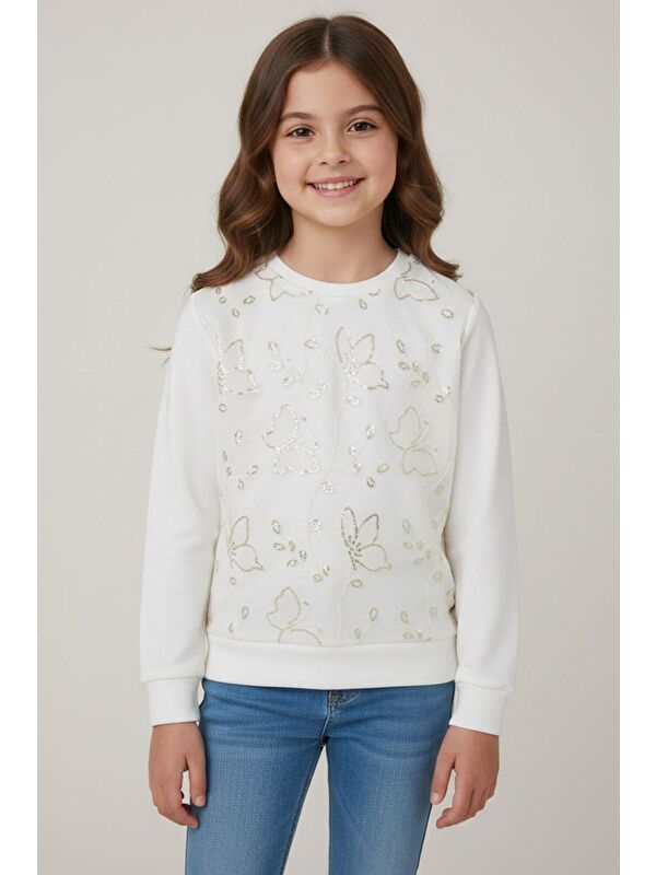 Breeze Kız Çocuk Sweatshirt Pullu Kelebek İşlemeli Tülü Çiçek Detaylı Ekru (8-12 Yaş)