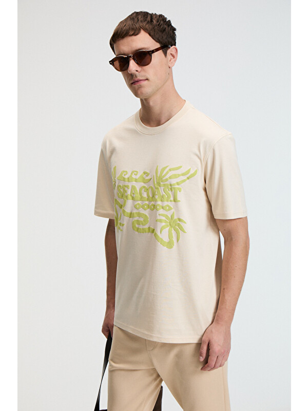 GRIMELANGE SWEET Erkek %100 Pamuk Oversize Fit Baskılı Kısa Kollu Yuvarlak Yakalı VANİLYA T-Shirt