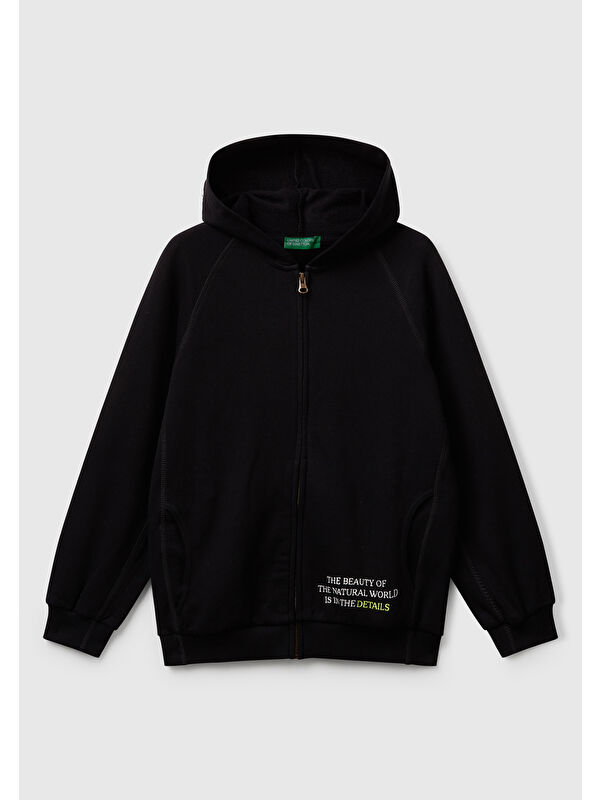United Colors Of Benetton Erkek Çocuk Siyah Önü ve Arkası Baskılı Fermuarlı Yan Cepli Sweatshirt