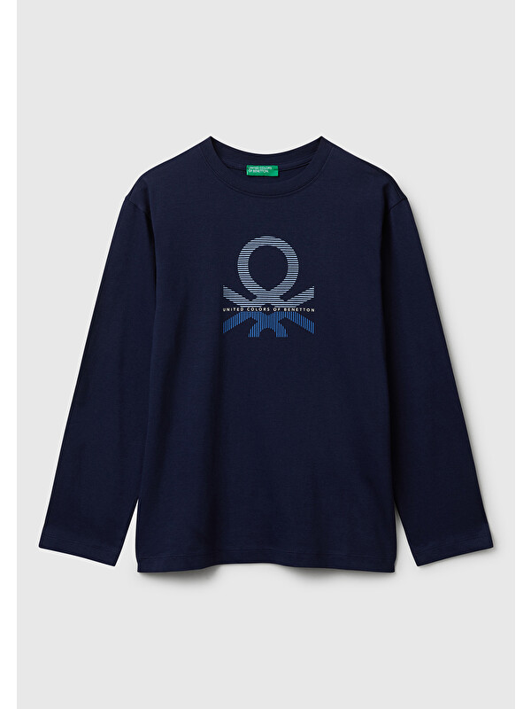 United Colors Of Benetton Erkek Çocuk Lacivert Önü Logo Baskılı Bisiklet Yaka Jarse Uzun Kollu T-shirt