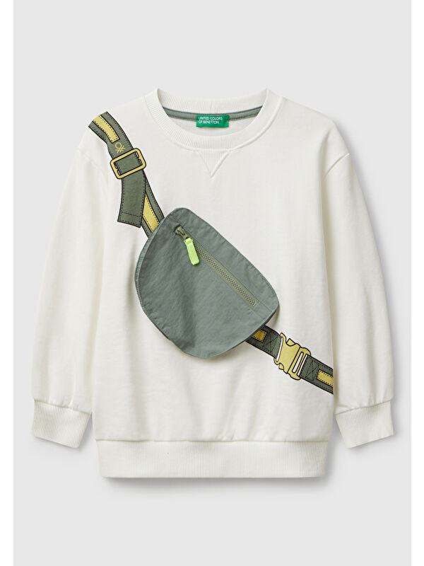 United Colors Of Benetton Erkek Çocuk Ekru Önü İllüzyon Efektli Bisiklet Yaka Relaxed Fit Sweatshirt