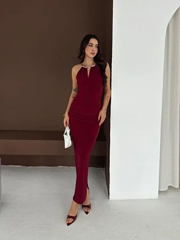 Jane's Uzun Abiye Elbise Yırtmaçlı Sırt Dekolteli Gece Elbisesi - Bordo